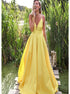 A Line Yellow V Neck Open Back Satin Prom Dresses LBQ0710
